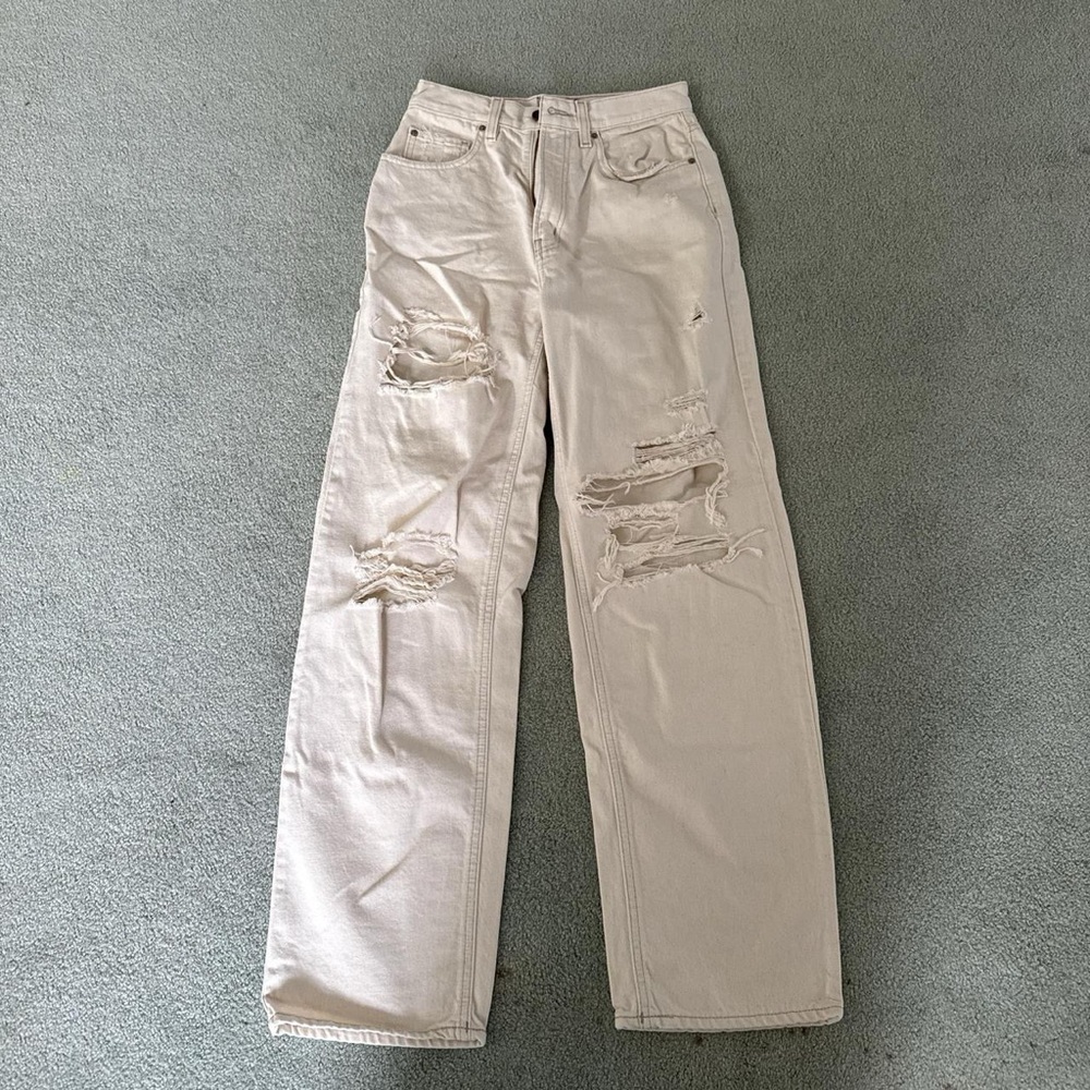 Distressed Cream Jeans
